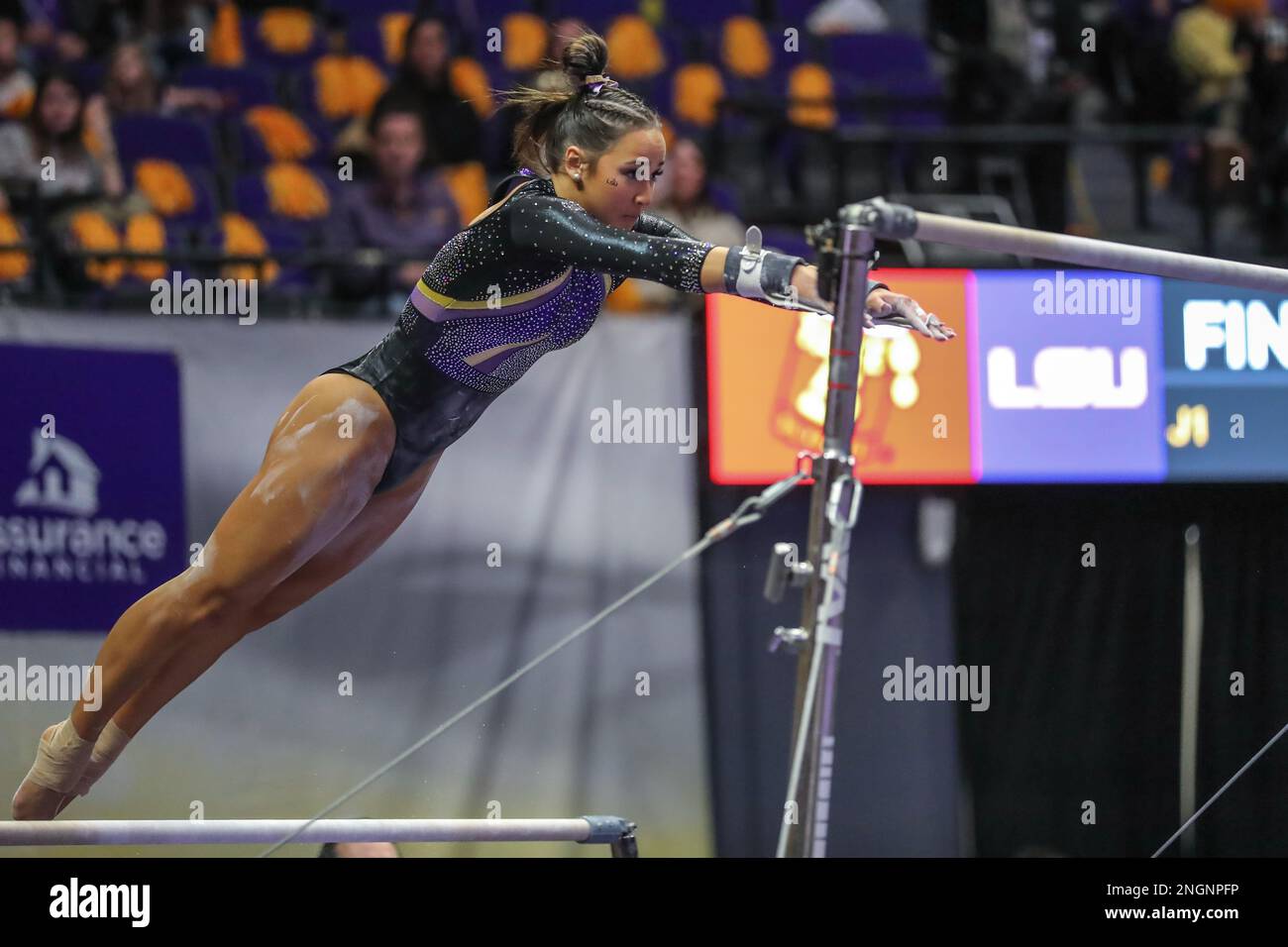 Baton Rouge, LA, USA. 17th Feb, 2023. LSU's Aleah Finnegan leaps over