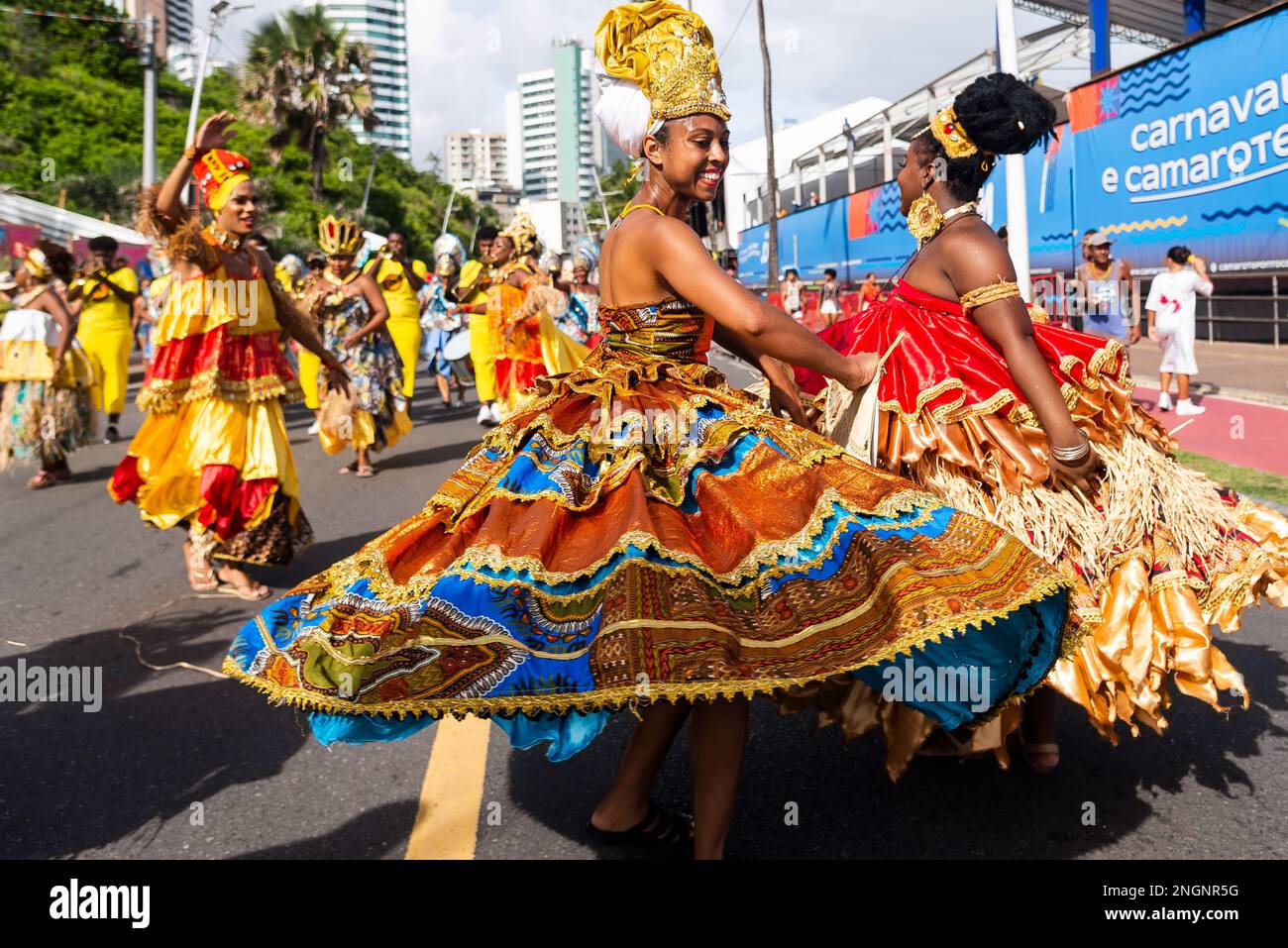 Salvador, Bahia, Brazil - February 11, 2023: Traditional African culture block performs during the Fuzue parade in Salvador, Bahia. Stock Photo