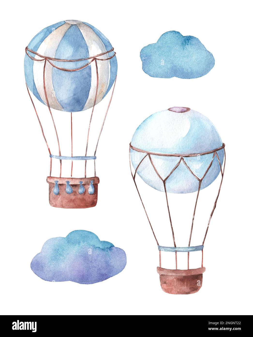 Collection of watercolor balloons. Clouds and balloons on a white background. The interior of the child's room. Vintage hand drawn illustration Stock Photo