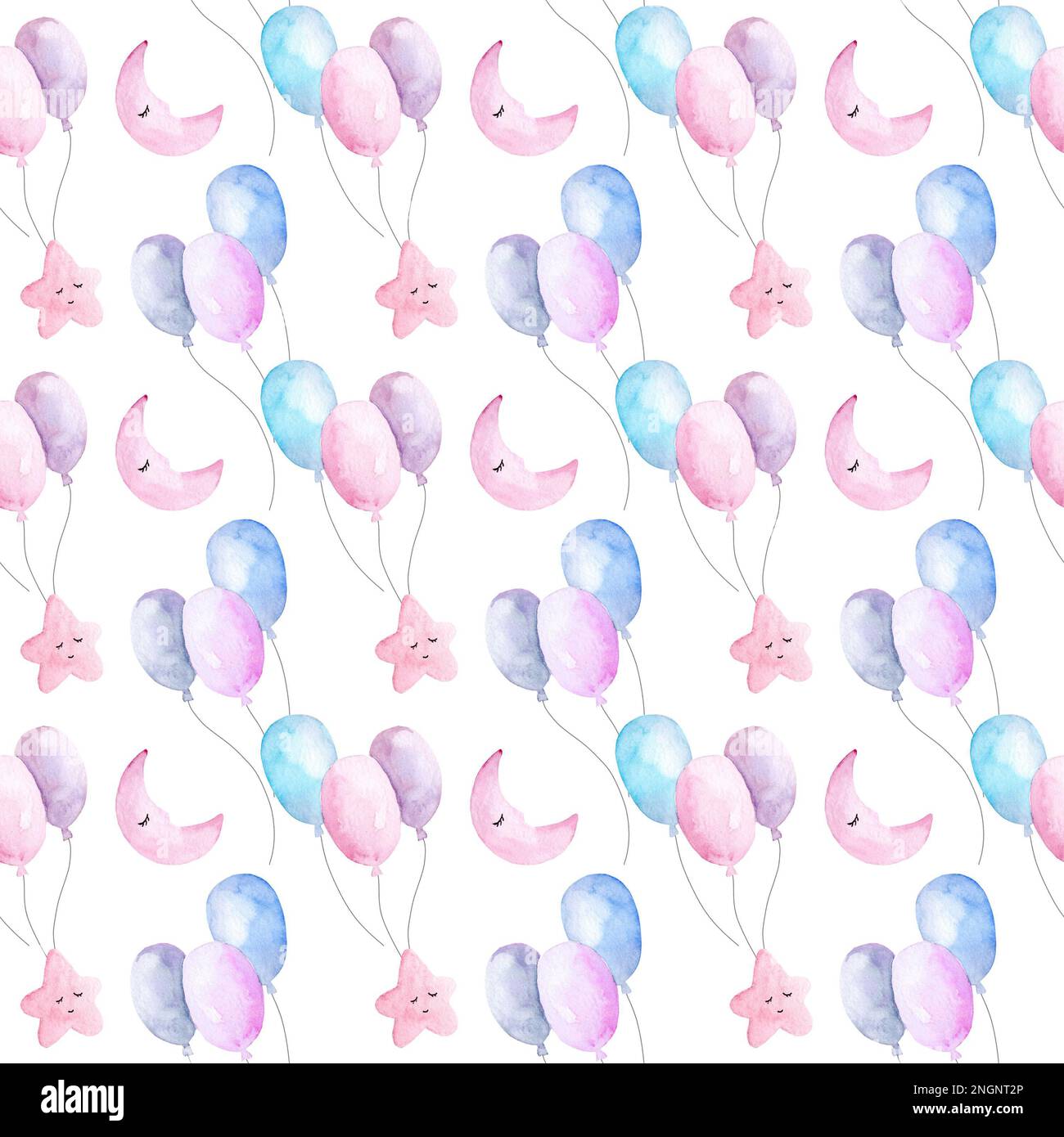 Cute watercolor seamless pattern for children's room. Pink balloons, cartoon stars and the moon. Pattern for wallpaper, fabric and wrapping paper Stock Photo