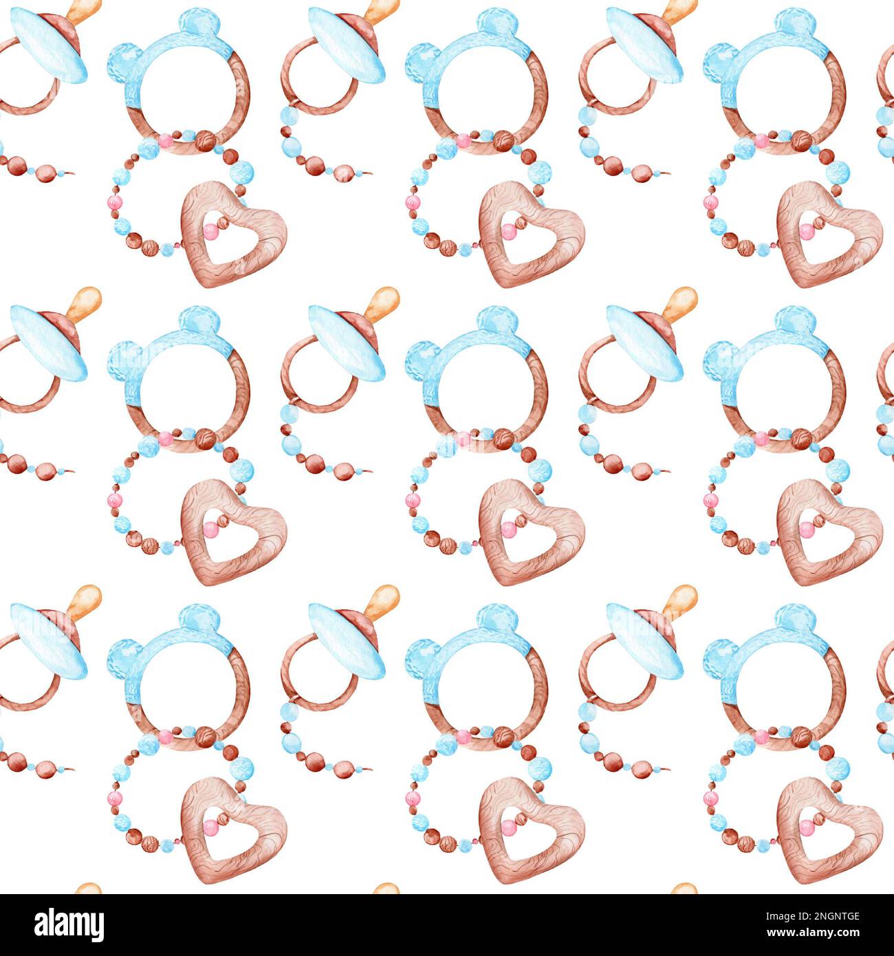 Wooden pacifier set watercolor illustration. Seamless pattern on a ...