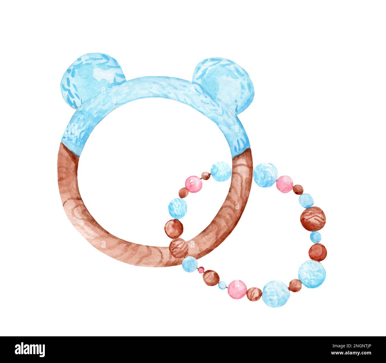 Wooden teether watercolor illustration. Cute hand drawn baby shower ...