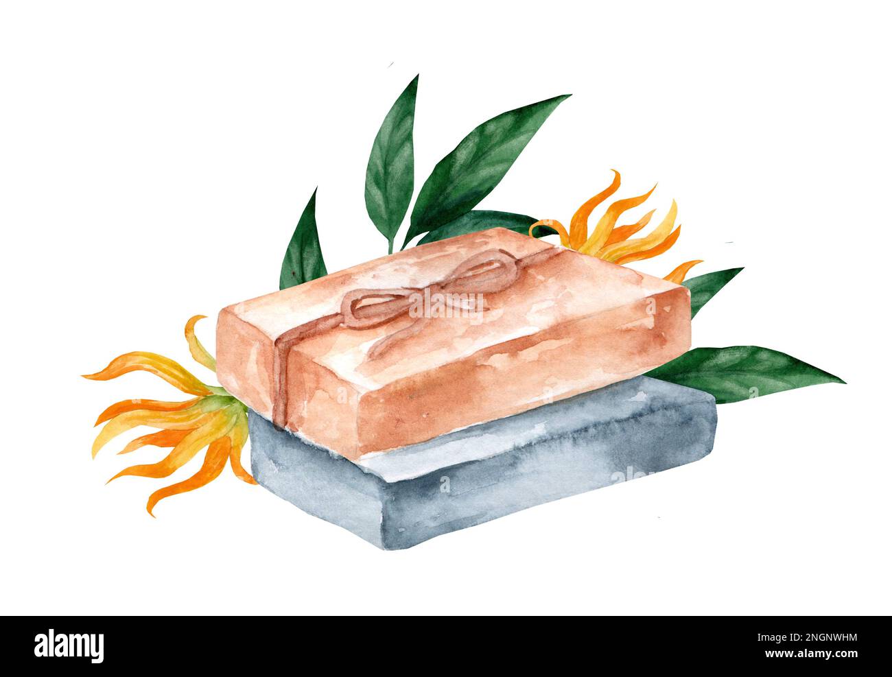 Natural soap with ylang ylang extract. Body care and spa. Watercolor