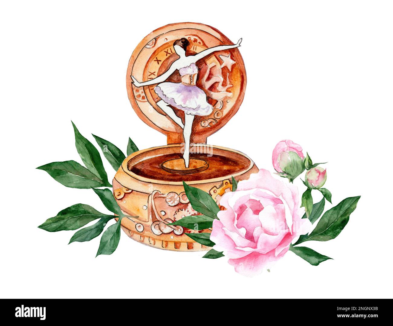 Watercolor drawing of a music box with a dancing ballerina in the style