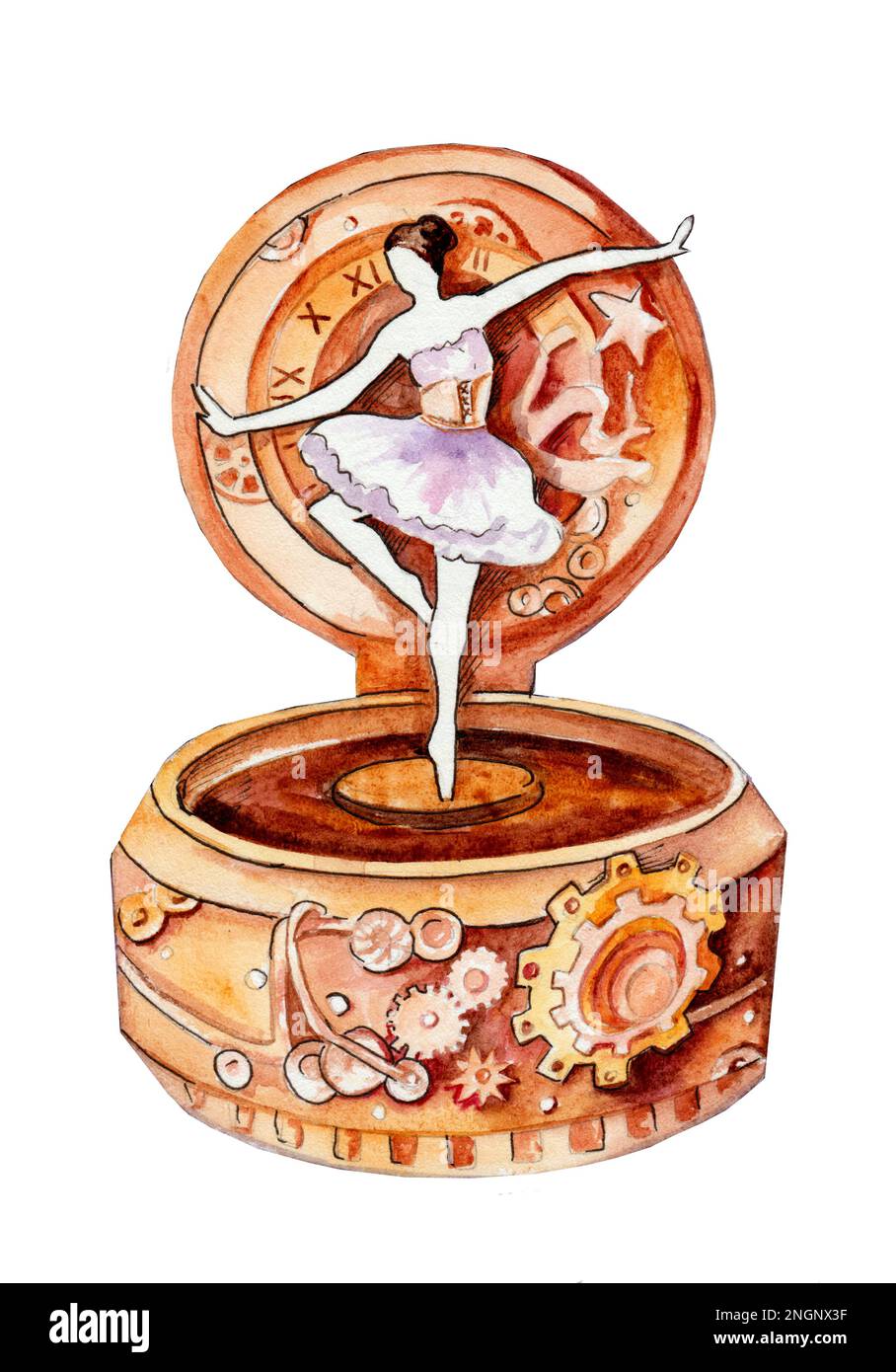 Watercolor drawing of a music box with a dancing ballerina in the