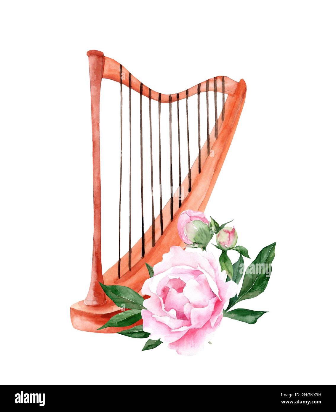Watercolor harp with peonies flowers. classical musical instruments