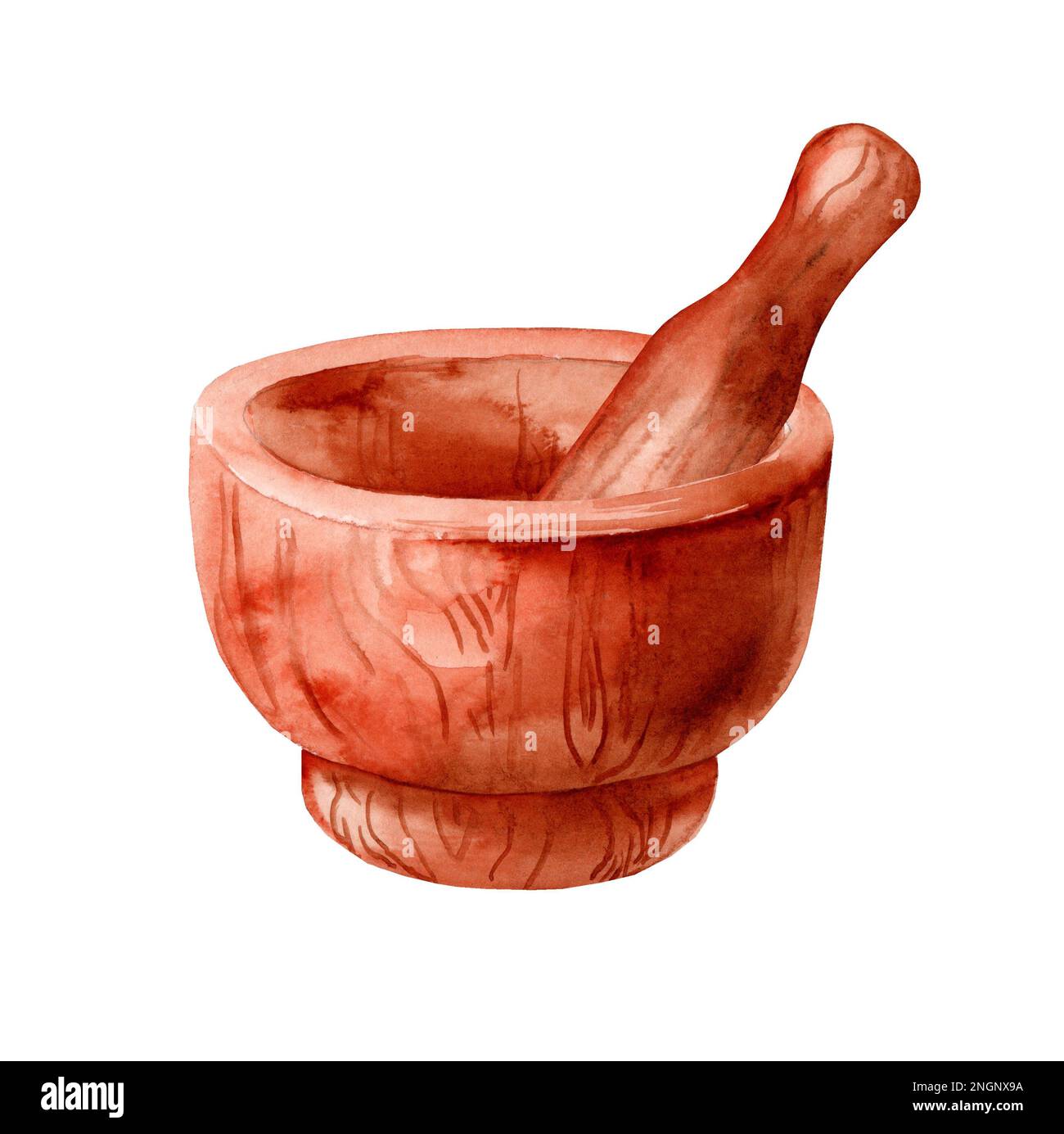 Wooden mortar and pestle. Watercolor hand drawn illustration isolated