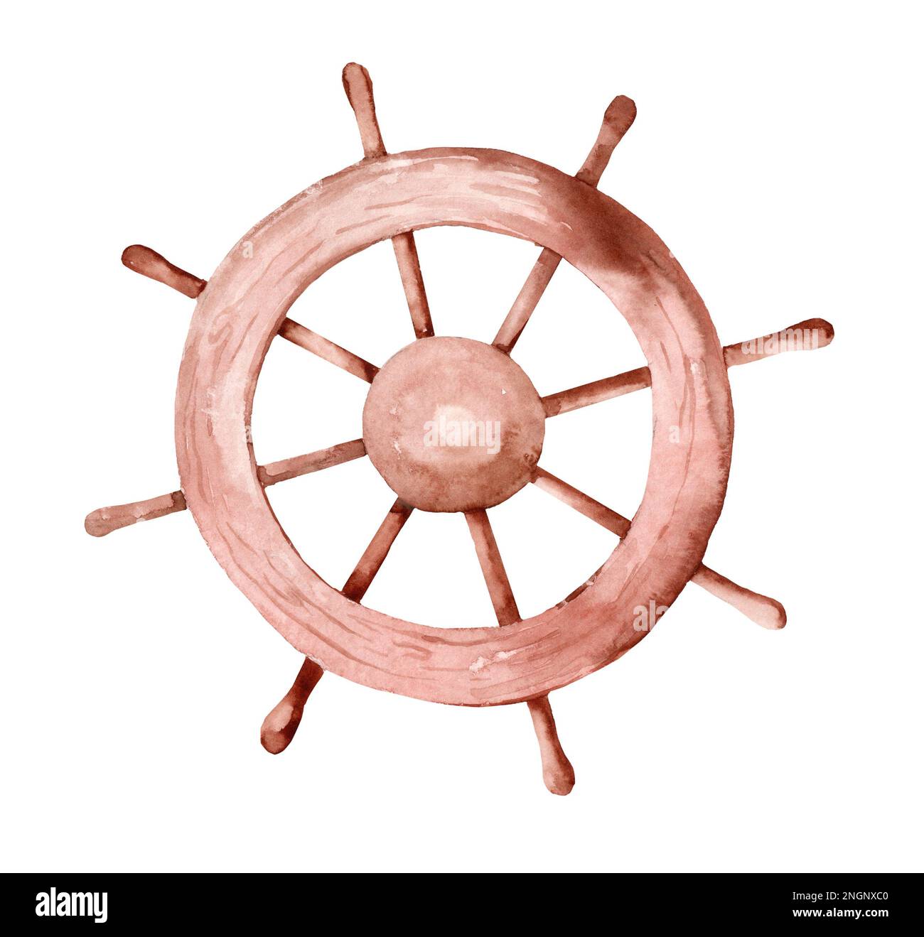 Wooden steering wheel isolated on white background. Hand drawn