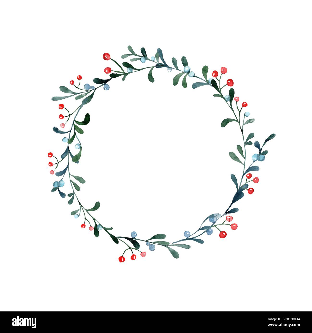 Watercolor wreath of branches of mistletoe and red Christmas berries on ...