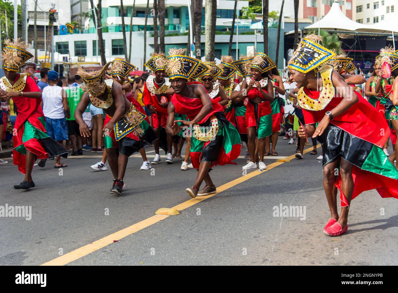 Salvador, Bahia, Brazil - February 11, 2023: Traditional group of African culture dance during pre-carnival Fuzue, in Salvador, Bahia. Stock Photo