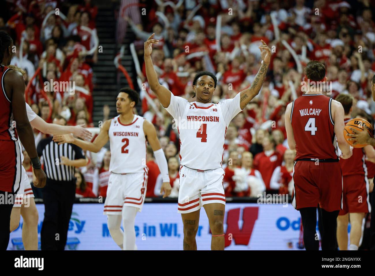 Madison, WI, USA. 18th Feb, 2023. Wisconsin Badgers guard Kamari McGee (4) celebrates during the