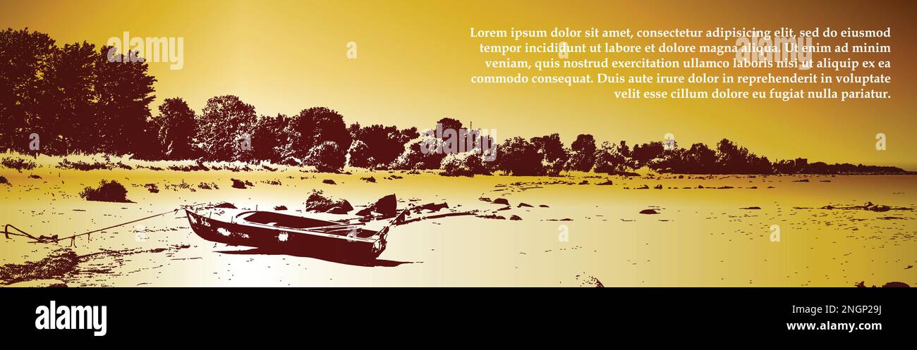 Boat on the bank of a gulf. Vintage vector banner Stock Vector