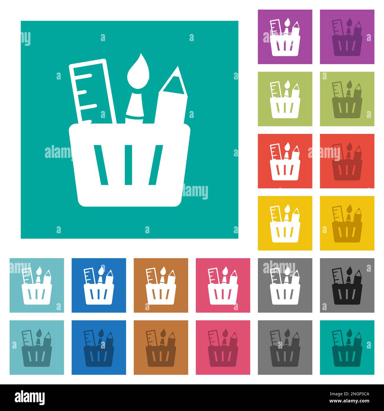 Drawing tools solid multi colored flat icons on plain square backgrounds. Included white and darker icon variations for hover or active effects. Stock Vector