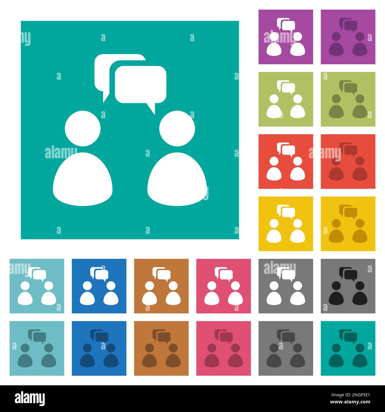 Two talking persons with oval bubbles solid multi colored flat icons on plain square backgrounds. Included white and darker icon variations for hover Stock Vector