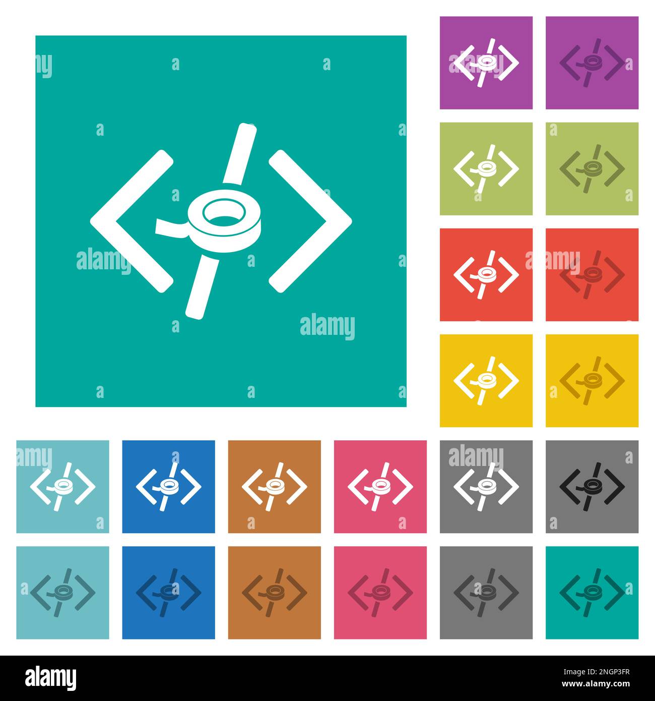 Software patch multi colored flat icons on plain square backgrounds. Included white and darker icon variations for hover or active effects. Stock Vector