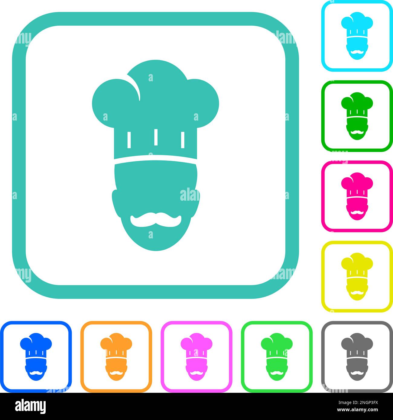 Master chef with mustache vivid colored flat icons in curved borders on ...