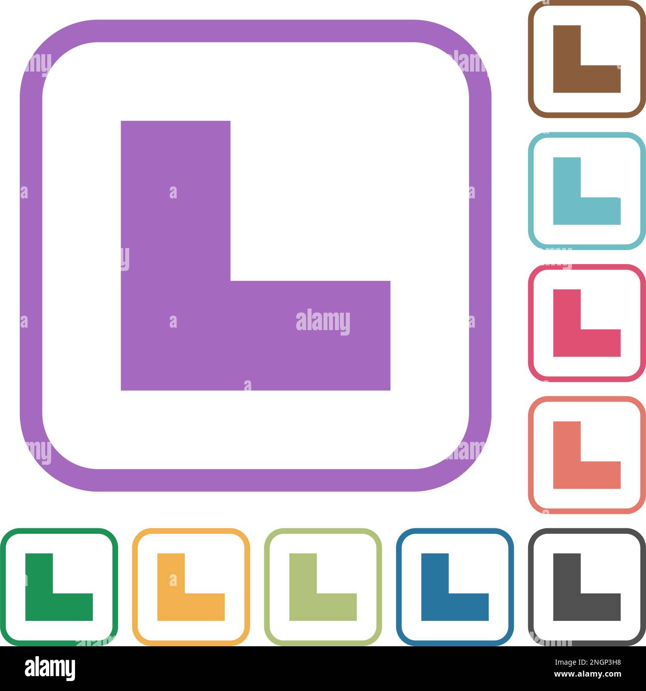Bottom left angle arrow solid simple icons in color rounded square frames on white background Stock Vector