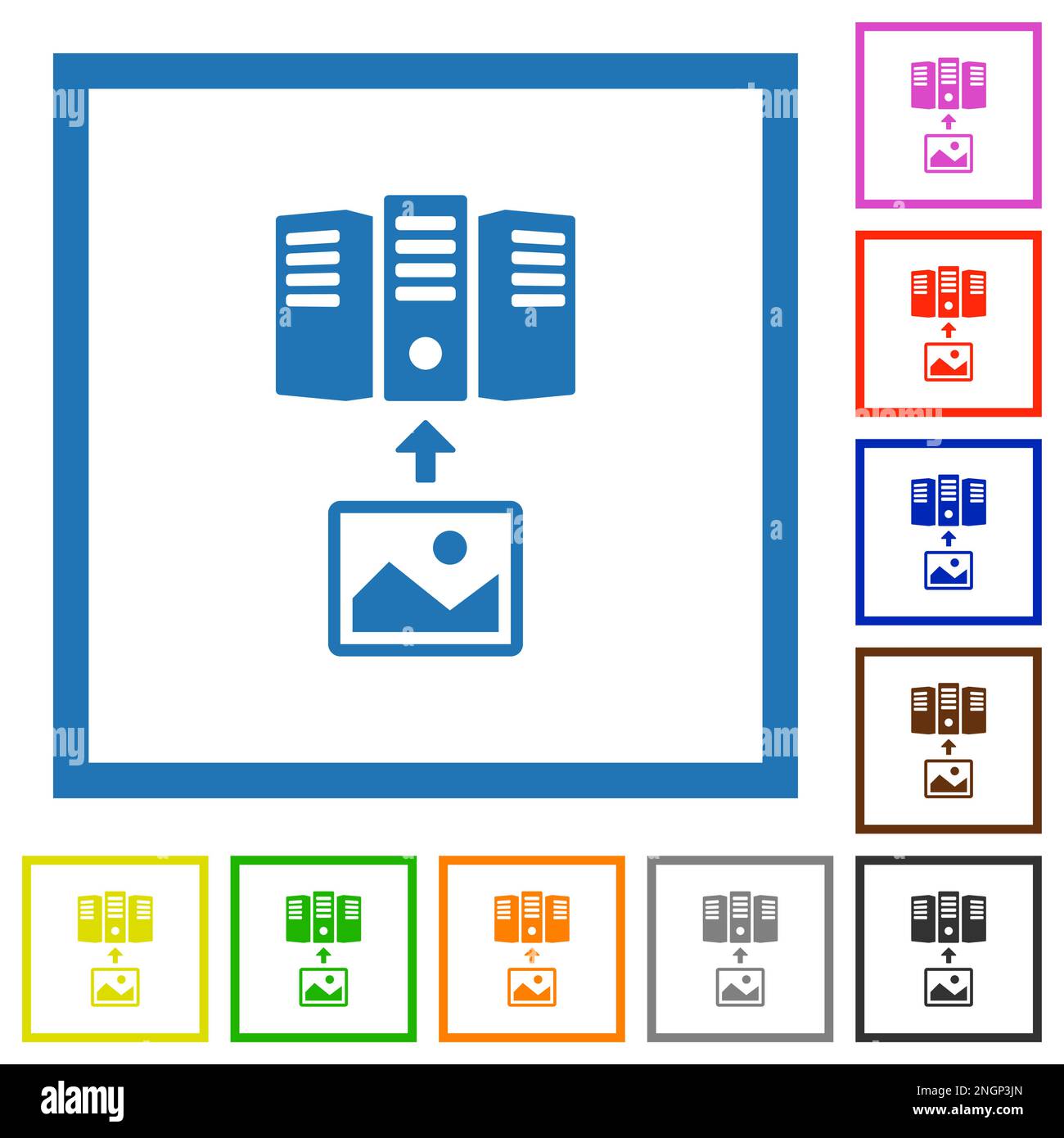 Upload image to server outline flat color icons in square frames on ...