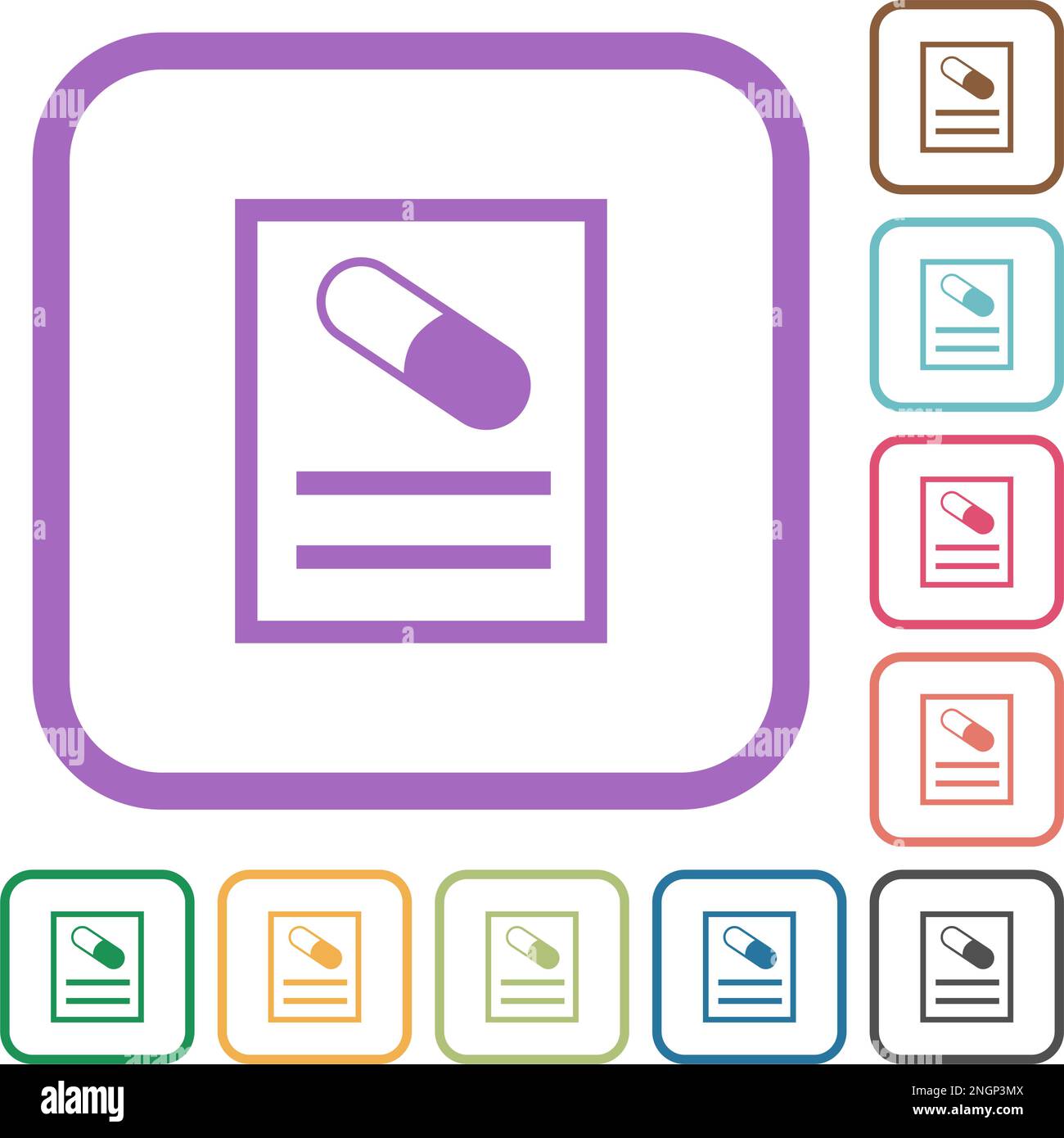 Medical prescription simple icons in color rounded square frames on white background Stock Vector