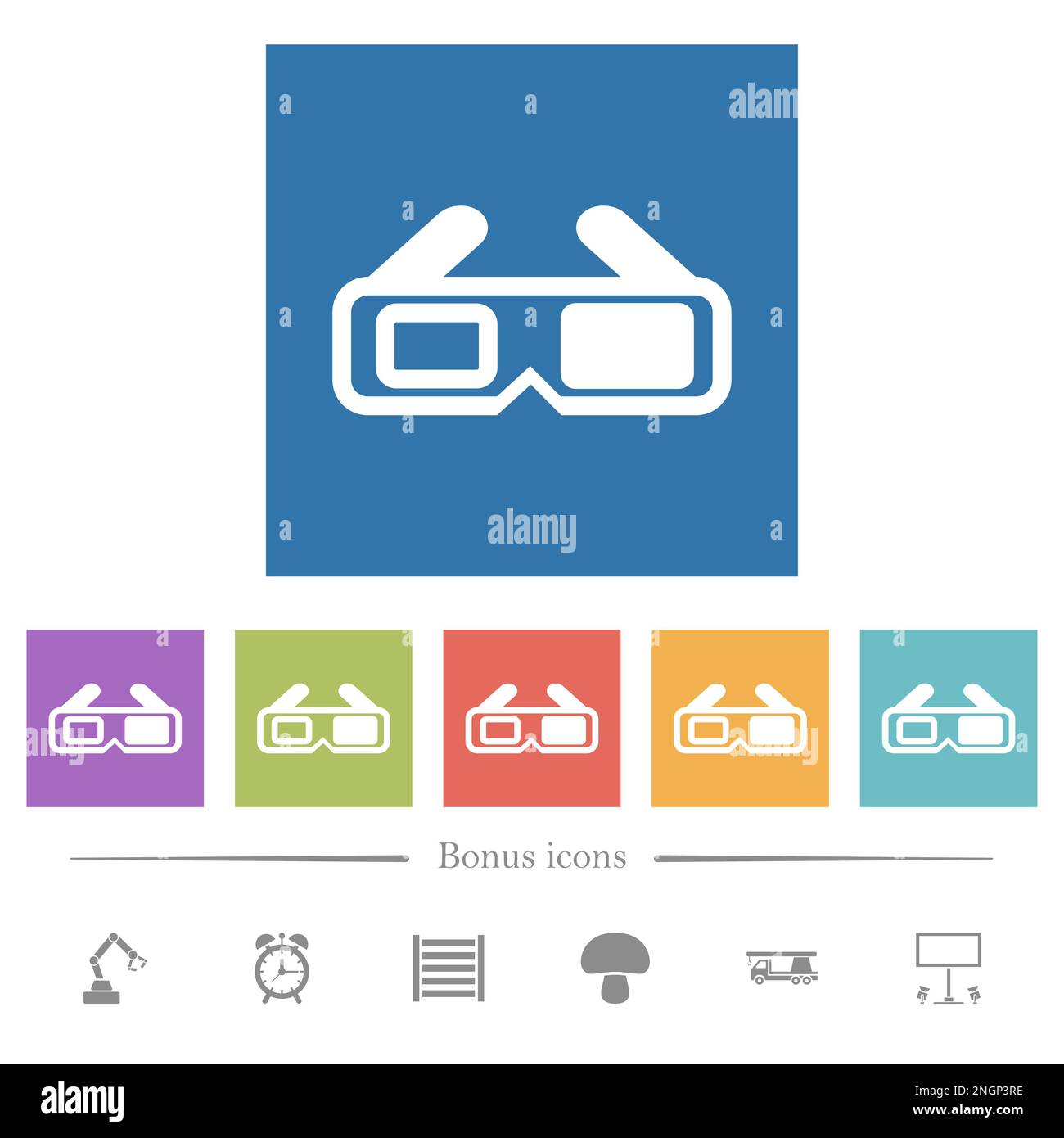 Retro 3D glasses flat white icons in square backgrounds. 6 bonus icons ...