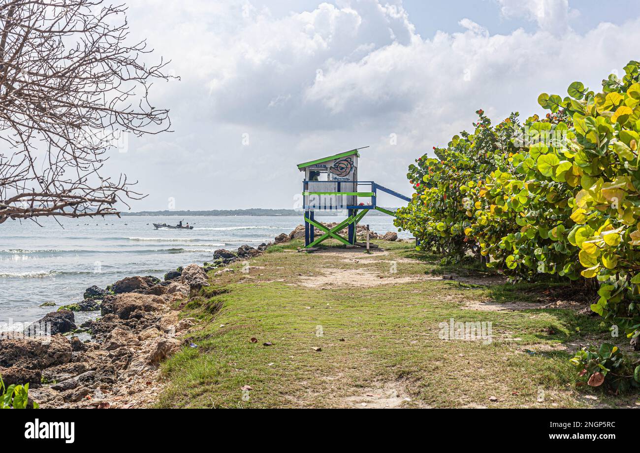 Lifeguard tower at seaside, El Laguito, Cartagena de Indias, Colombia. Stock Photo