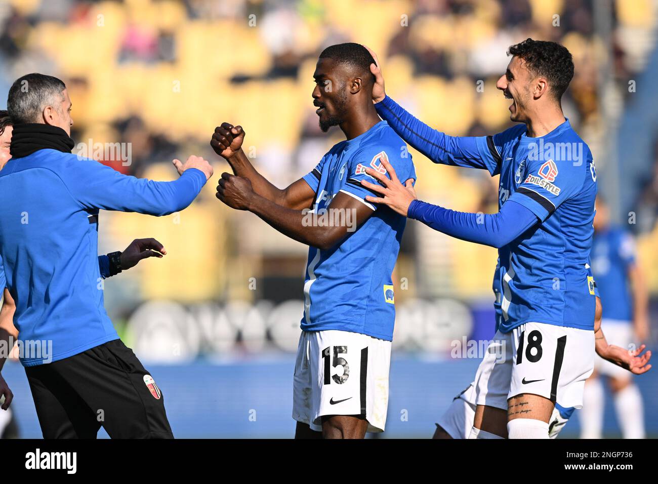 Parma, Italy. 18th Feb, 2023. Tardini Stadium, 18.02.23 Woyo Coulibaly (26  Parma) and Cedric Gondo (15 Ascoli) during the Serie B match between Parma  and Ascoli at Tardini Stadium in Parma, Italia