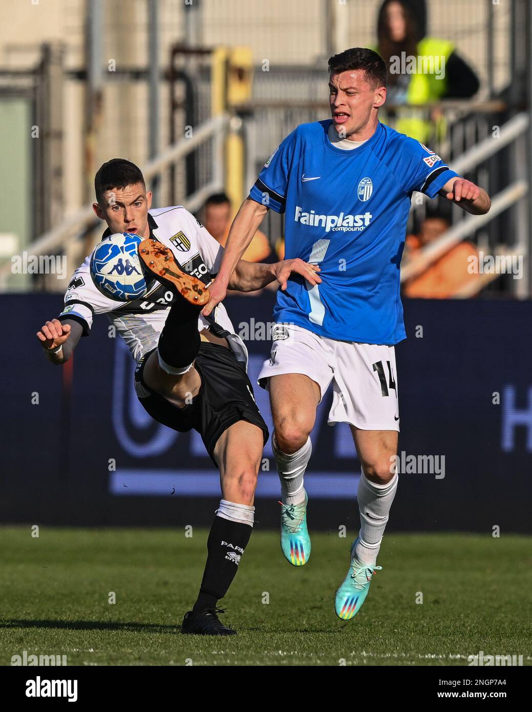 Parma, Italy. 18th Feb, 2023. Tardini Stadium, 18.02.23 Woyo Coulibaly (26  Parma) and Cedric Gondo (15 Ascoli) during the Serie B match between Parma  and Ascoli at Tardini Stadium in Parma, Italia