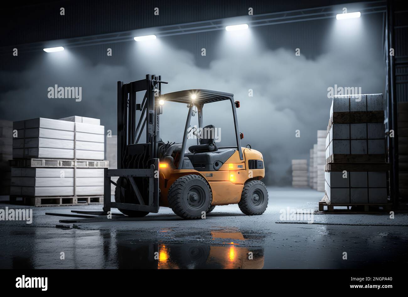 a forklift is parked in a warehouse, transport concept, cinematic