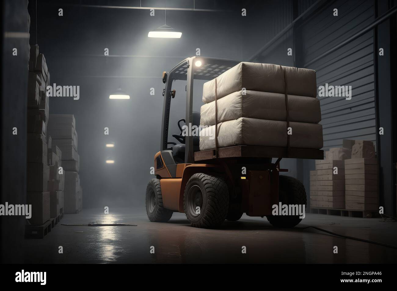 a forklift is parked in a warehouse, transport concept, cinematic