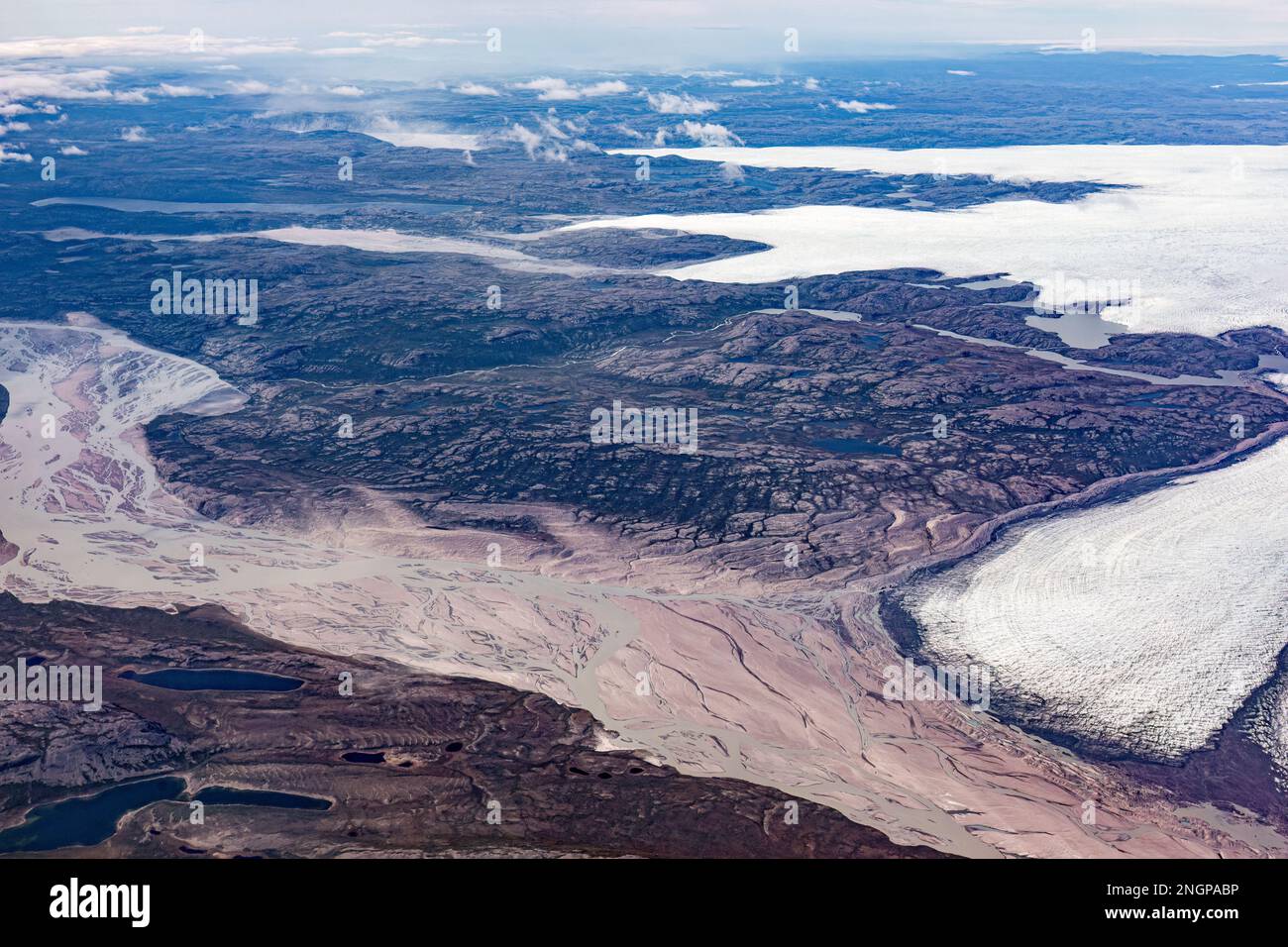 An aerial view of the Greenland ice cap from a commercial flight to Kangerlussuaq, Western Greenland. Stock Photo