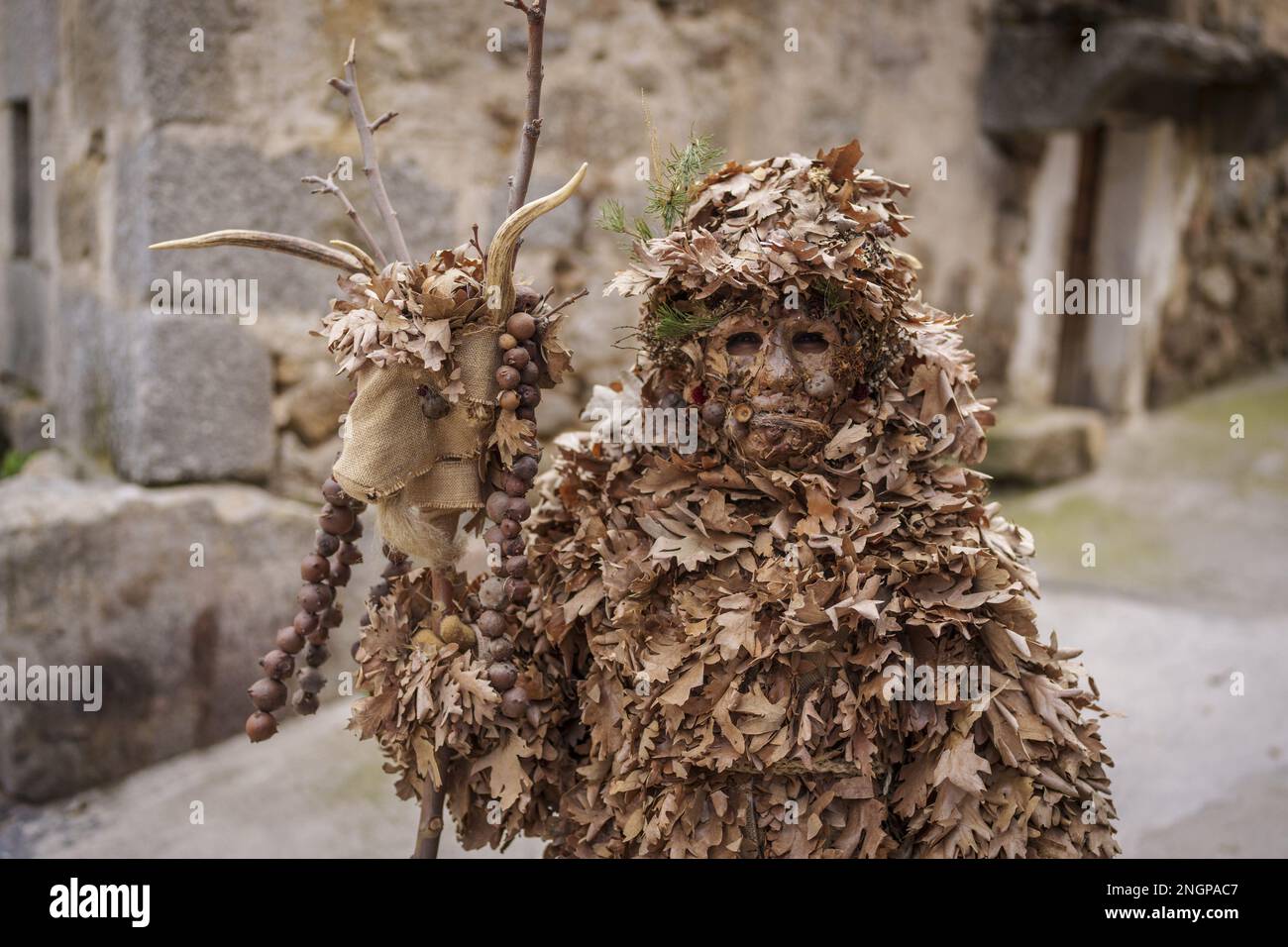 Navalacruz, Spain. 18th Feb, 2023. A carnival reveller dressed as a traditional 'Harramacho' wearing leaves and other agricultural decor poses during a carnival festival in the village of Navalacruz, Spain, on Saturday, February 18, 2023. The 'Herramacho' figures, whose costumes are made from natural materials collected from the surrounding environment, were believed to protect family and cattle in pre-Roman rituals. Photo by Paul Hanna/UPI Credit: UPI/Alamy Live News Stock Photo