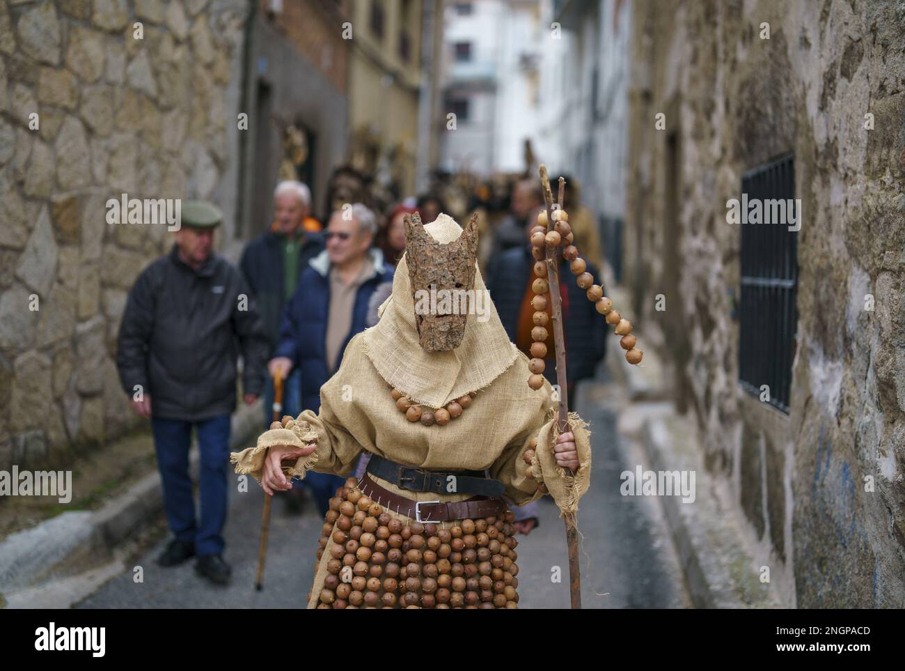 Navalacruz, Spain. 18th Feb, 2023. A carnival reveller dressed as a traditional 'Harramacho' wearing tree bark and other agricultural decor takes part in a carnival festival in the village of Navalacruz, Spain, on Saturday, February 18, 2023. The 'Herramacho' figures, whose costumes are made from natural materials collected from the surrounding environment, were believed to protect family and cattle in pre-Roman rituals. Photo by Paul Hanna/UPI Credit: UPI/Alamy Live News Stock Photo