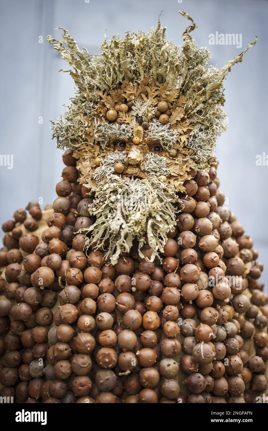 Navalacruz, Spain. 18th Feb, 2023. A carnival reveller dressed as a traditional 'Harramacho' wearing leaves and other agricultural decor poses during a carnival festival in the village of Navalacruz, Spain, on Saturday, February 18, 2023. The 'Herramacho' figures, whose costumes are made from natural materials collected from the surrounding environment, were believed to protect family and cattle in pre-Roman rituals. Photo by Paul Hanna/UPI Credit: UPI/Alamy Live News Stock Photo