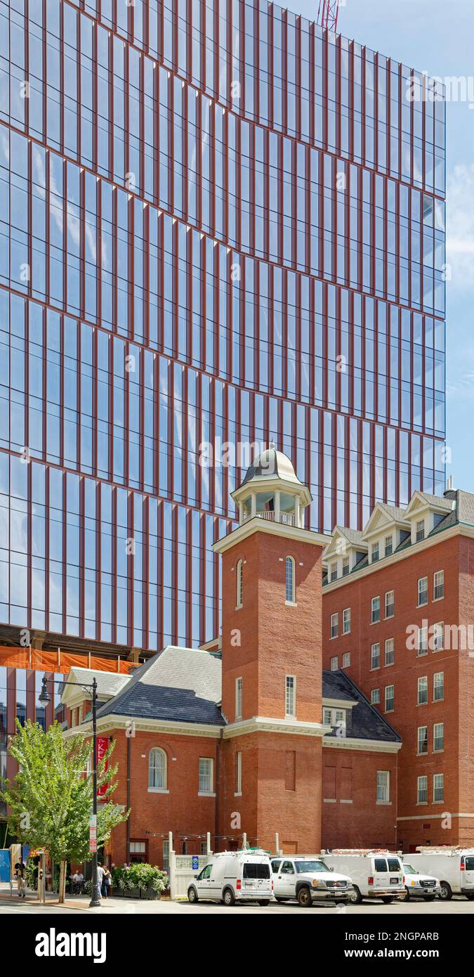 MIT Museum is backdrop for Kendall Hotel, built around a former firehouse on Cambridge’s Main Street. The cupola-topped tower once dried fire hoses. Stock Photo