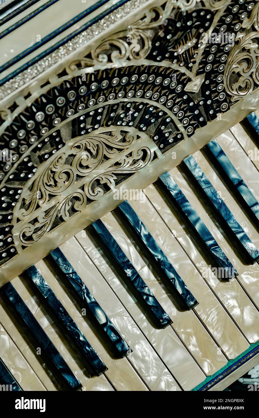 A vintage Mario Carini accordion is displayed at Mobile Carnival Museum