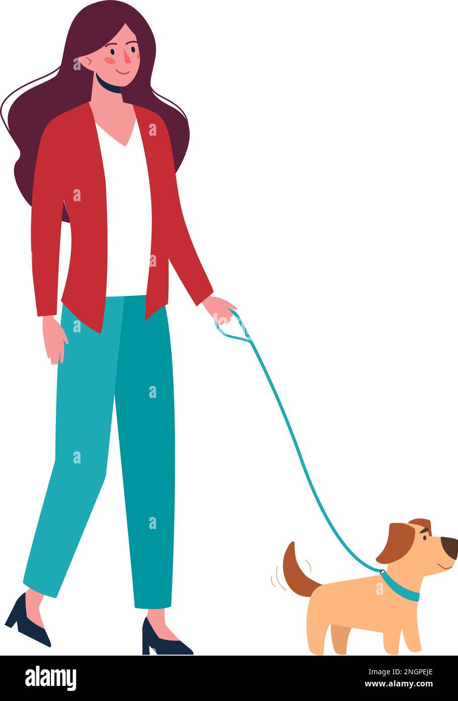 Girl walking with little dog. A woman in casual clothes holding a puppy