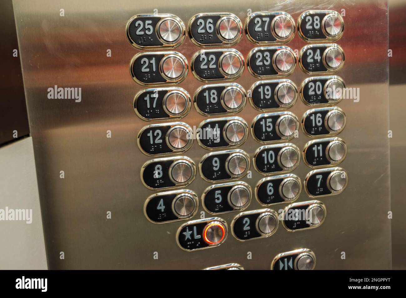Close up view of control panel elevator cabin without button 13th floor in casino of Las Vegas hotels. USA. Stock Photo