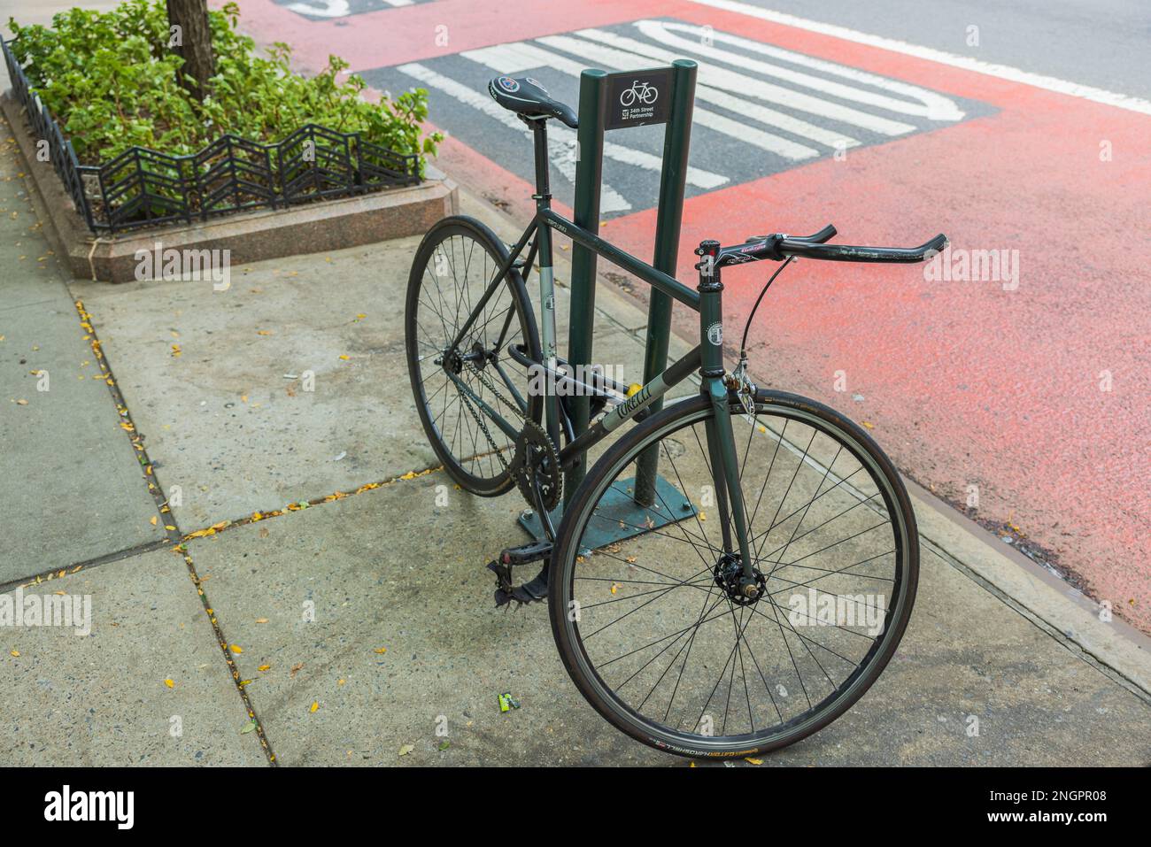 Closeup view of parked bicycle in parking lot on New York street in