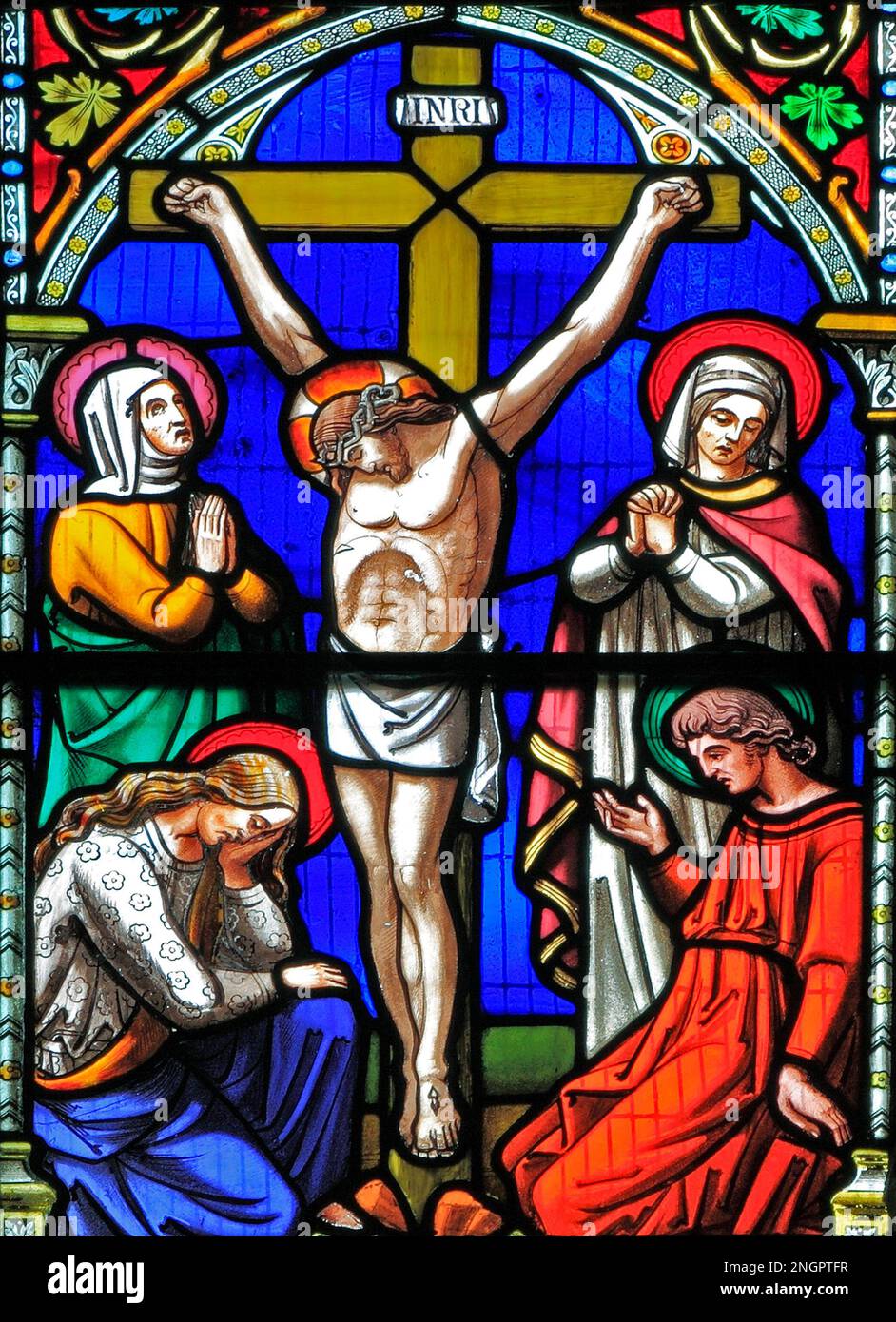 Story of Easter, the Crucifixion of Jesus, stained glass window, by William Warrington, 1854, Gunthorpe, Norfolk, England, UK Stock Photo