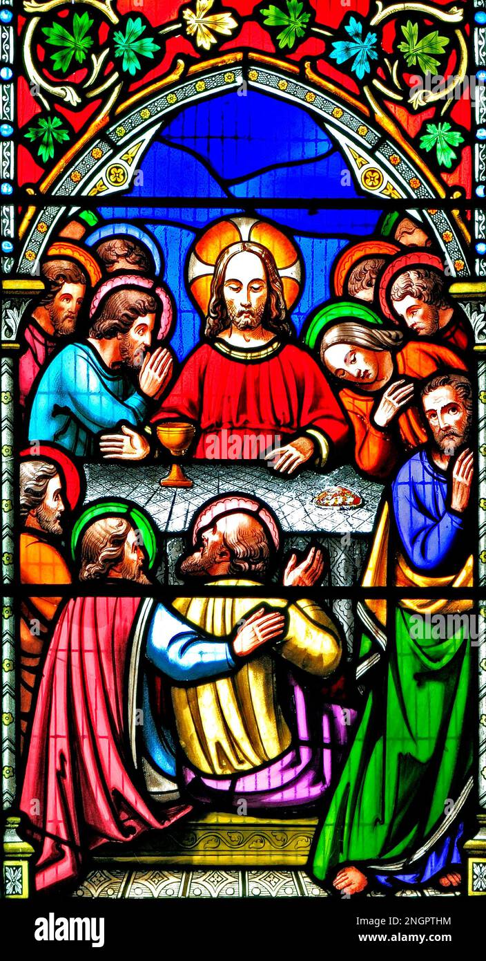 Story of Easter, The Last Supper, St. John the Evangelist leans his head towards Jesus, stained glass window by William Warrington, 1854, Gunthorpe Stock Photo