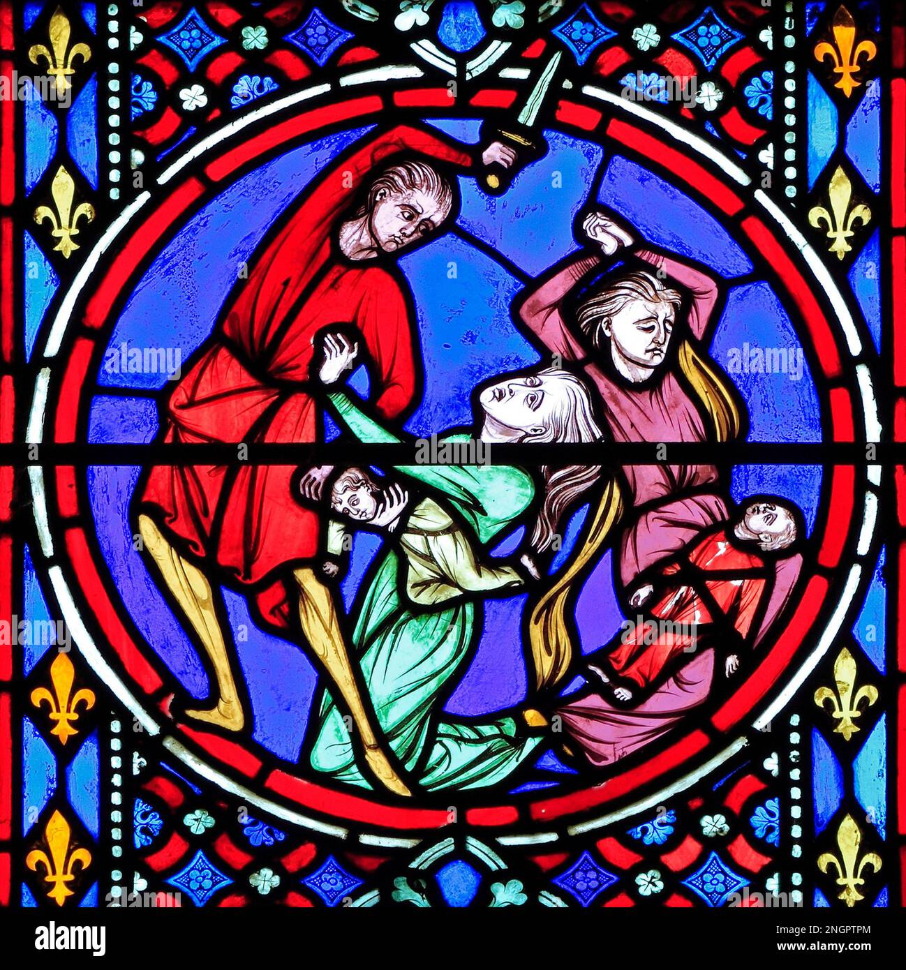 Nativity Window, stained glass by Oudinot of Paris, 1861, Feltwell Church, Norfolk, Slaughter of the Innocents, Herod orders killing of infant boys Stock Photo