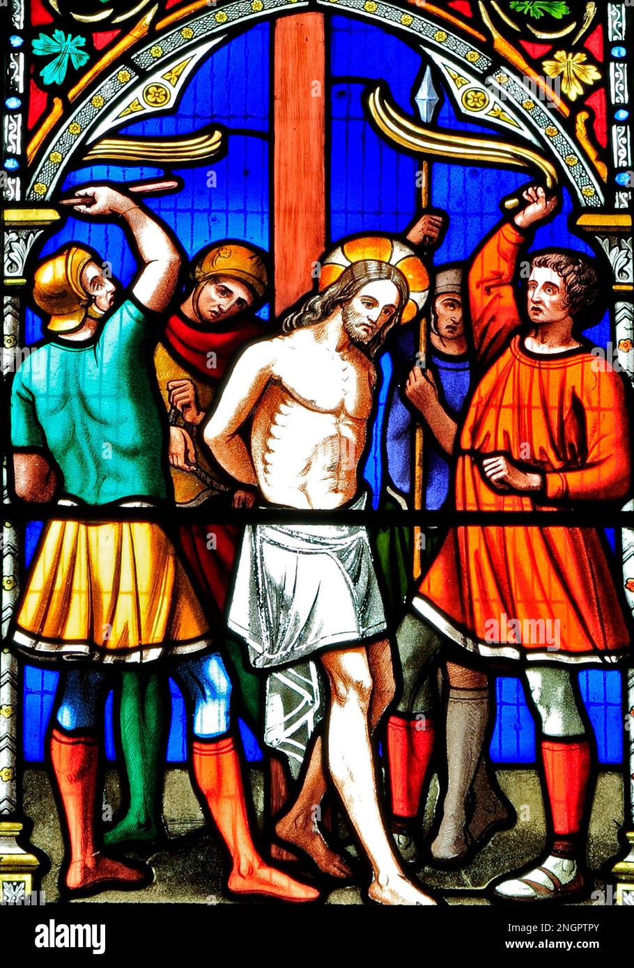 Story of Easter, Flagellation, Scourging of Jesus, stained glass window, by William Warrington, 1854, Gunthorpe, Norfolk, England, UK Stock Photo