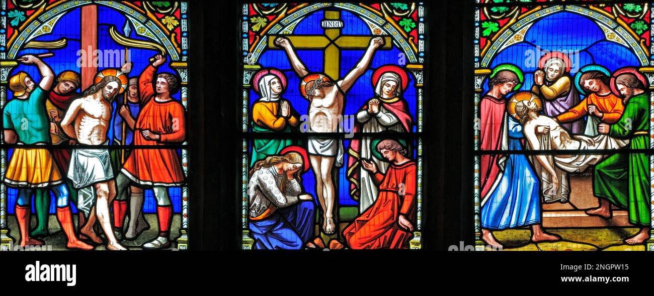 Story of Easter, Scourging of Jesus, the Crucifixion, the entombment of Jesus, by William Warrington, stained glass window, 1854 Stock Photo