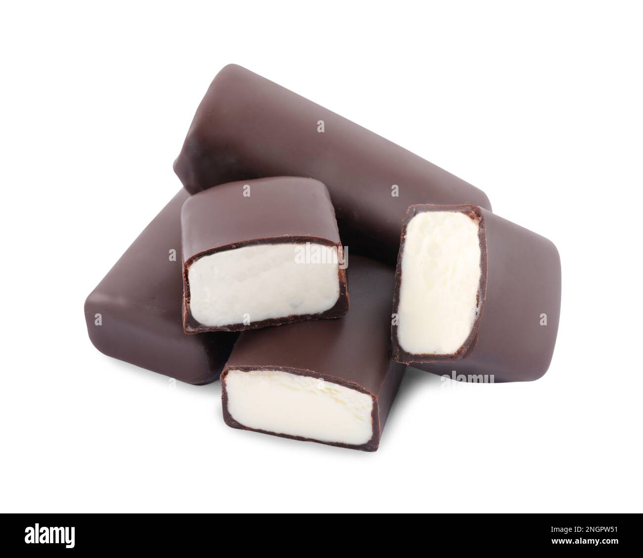 Delicious cut and whole glazed curd snacks on white background Stock ...