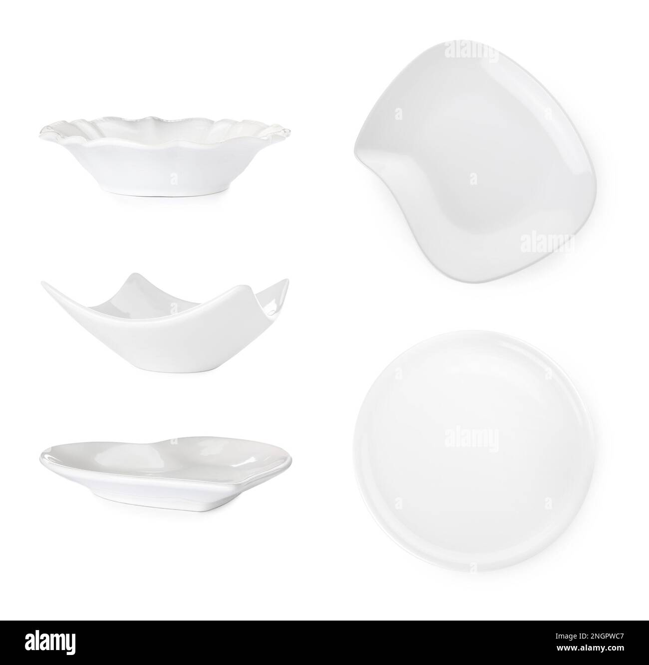 Set with empty plates and bowls on white background Stock Photo Alamy
