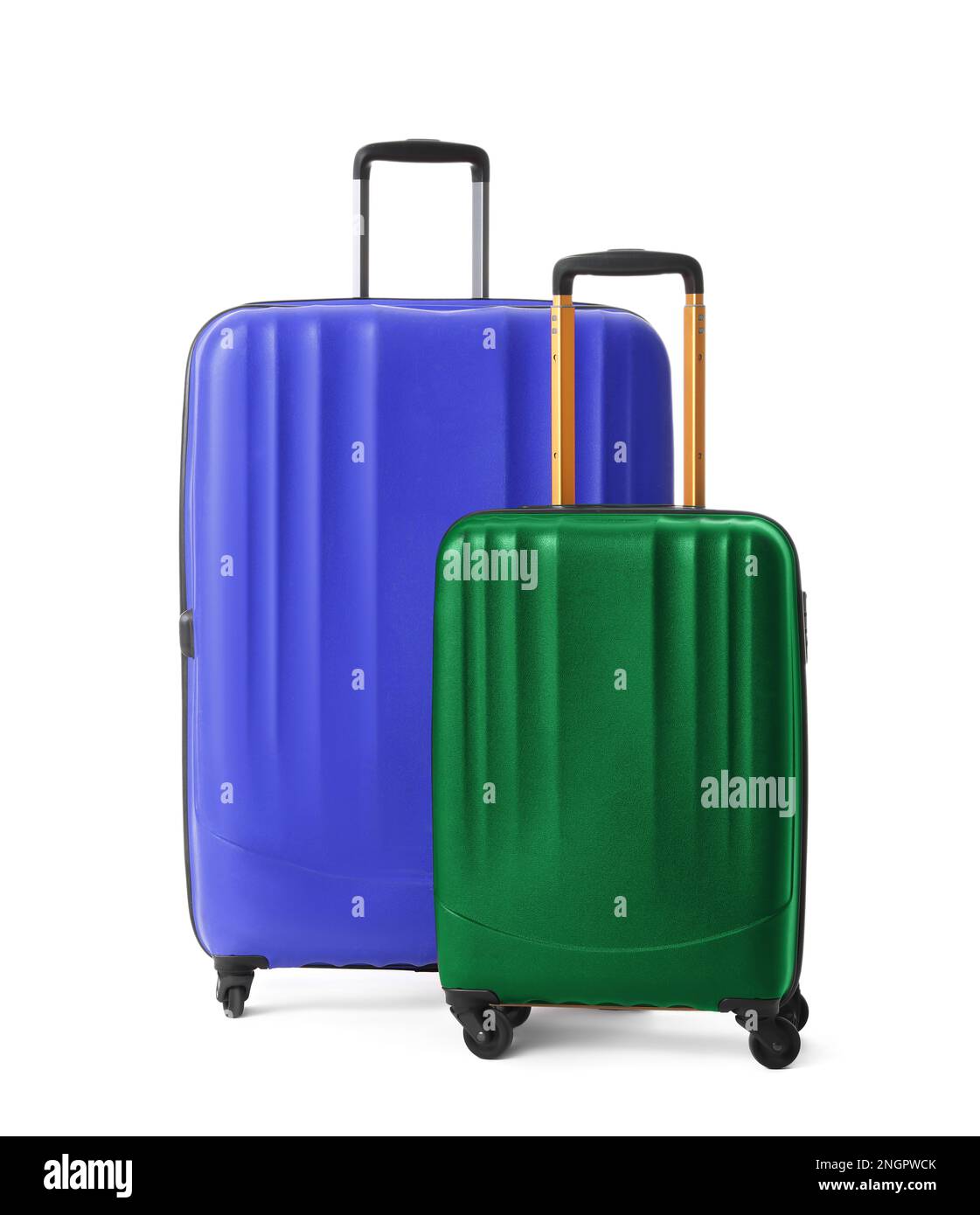Modern suitcases for travelling on white background Stock Photo Alamy