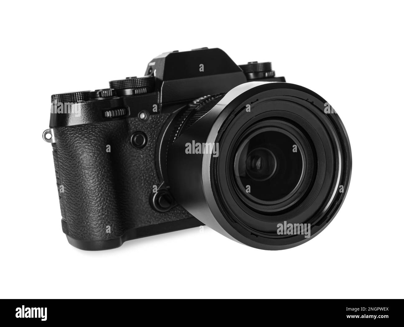 Modern digital camera isolated on white. Photography equipment Stock