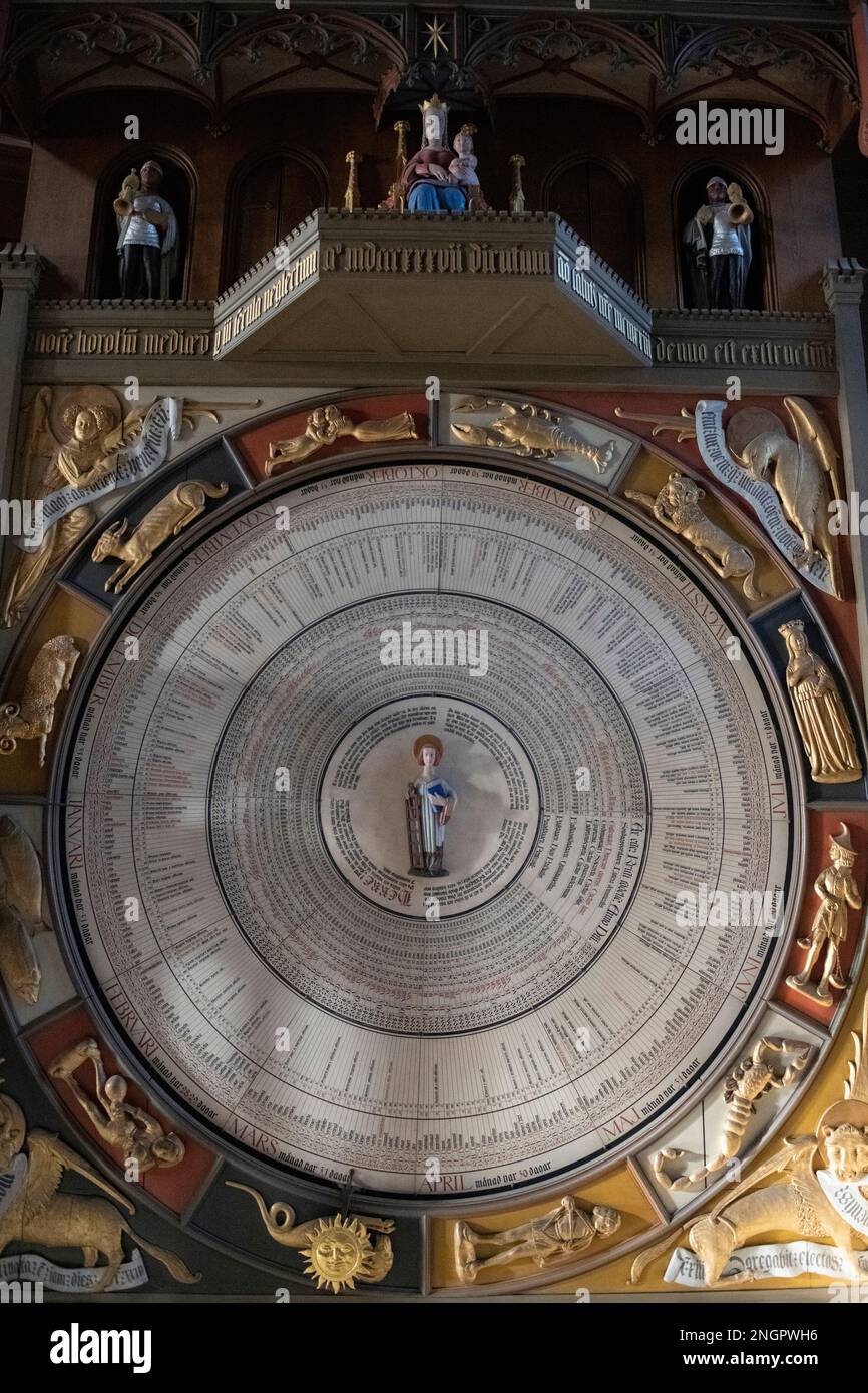 Astronomical clock, Horologium mirabile Lundense, 15th century, with St Lawrence in centre, Lund Cathedral, Lund, Sweden Stock Photo