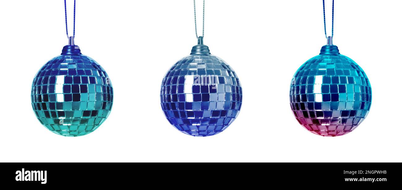 Set with colorful shiny disco balls on white background. Banner design