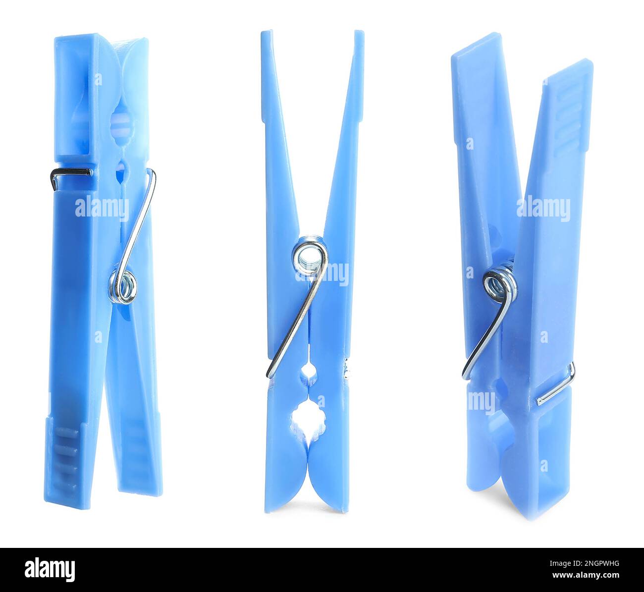 Set with blue plastic clothespins on white background Stock Photo Alamy